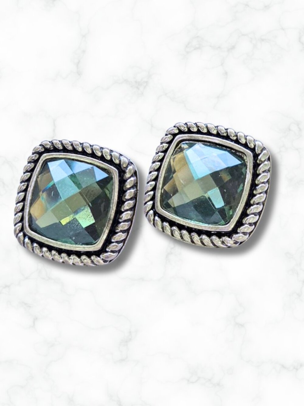 Napier Blue Topaz Earrings - Square Shape with Ornate Twisted Trim - Picture 3 of 3